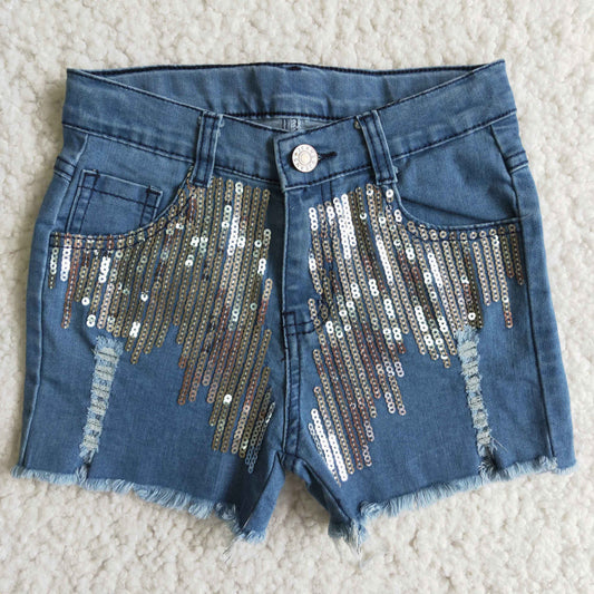 Denim shorts with sequins           D7-4