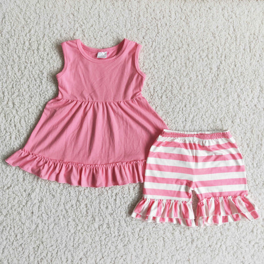 (Promotion)Sleeveless pink top ruffles shorts summer outfits C10-16