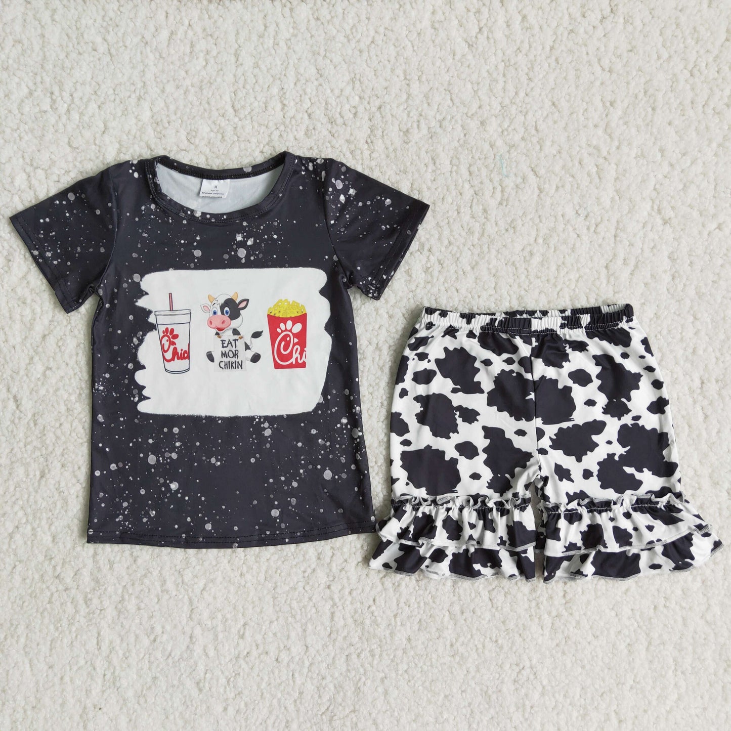 (Promotion)Short sleeve ruffles shorts cow print girls summer outfits C16-7