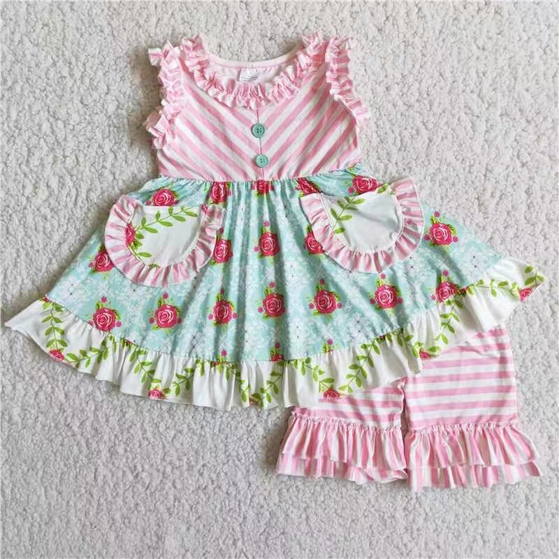 Pink pocket floral twirl tunic ruffle shorts summer outfits C2-2