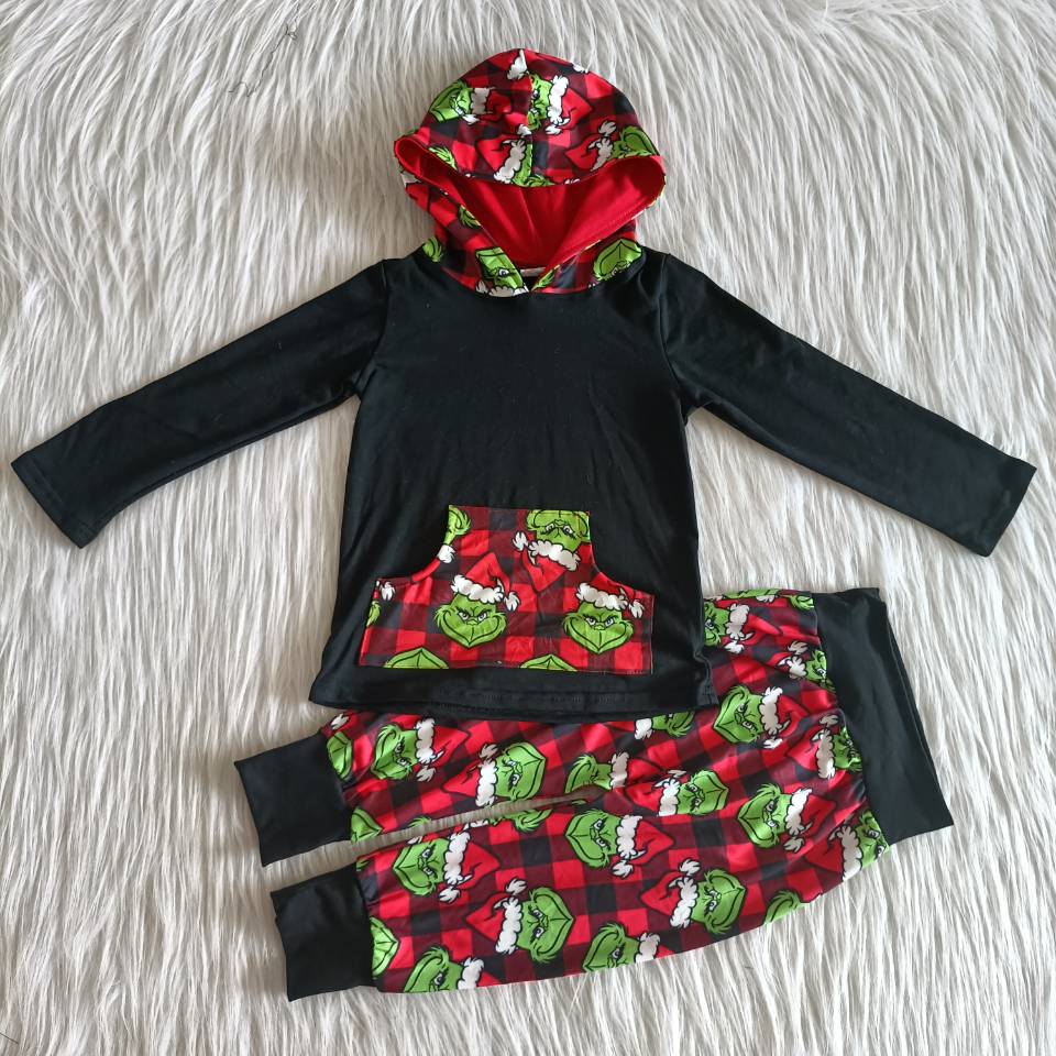 Green Frog Plaid Boy's Christmas Hooded Outfits 6 A10-29