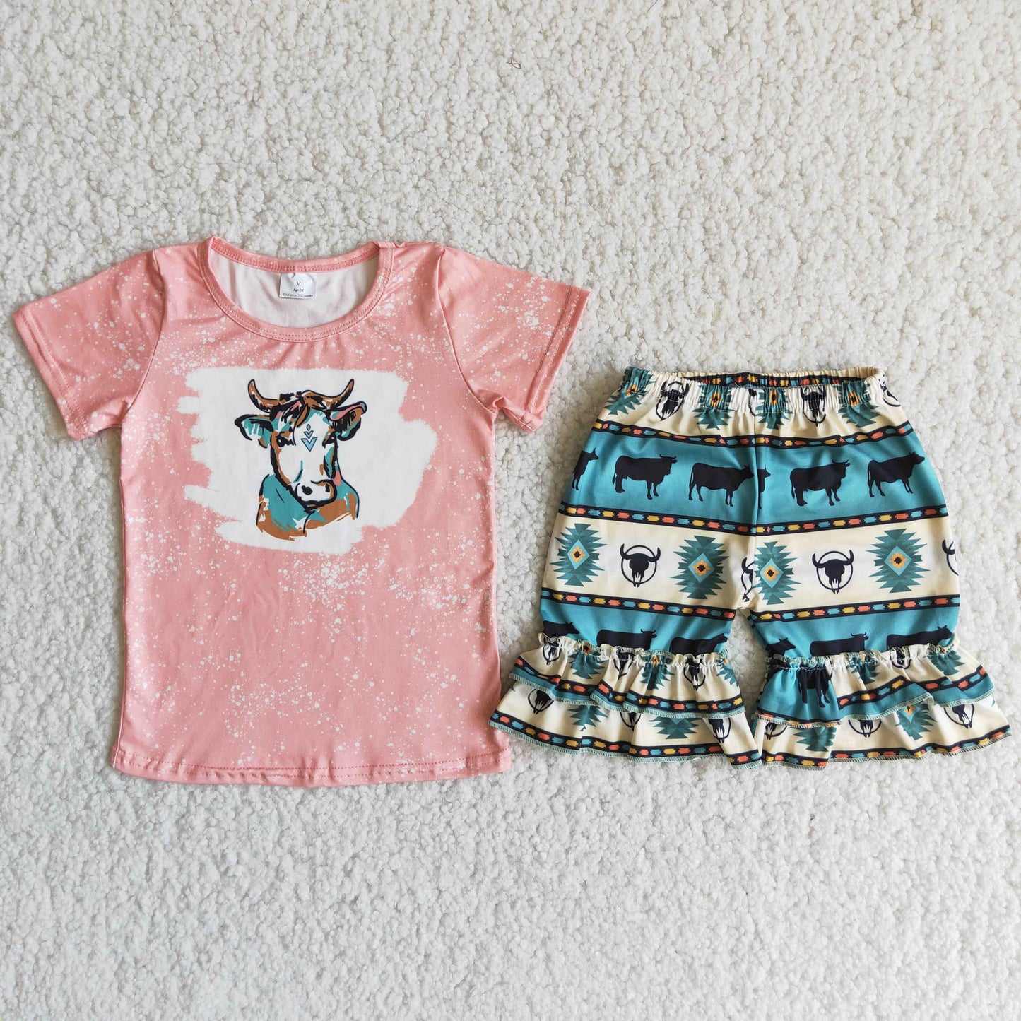 (Promotion)Short sleeve cow print top aztec ruffles shorts girls summer outfits D11-16
