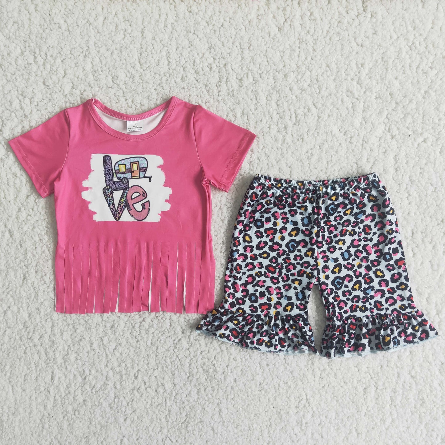 (Promotion)LOVE Tassels Top Leopard Ruffles Shorts Girls Summer Outfits D12-30