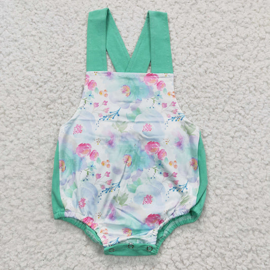 Green flower print summer romper   D5-1