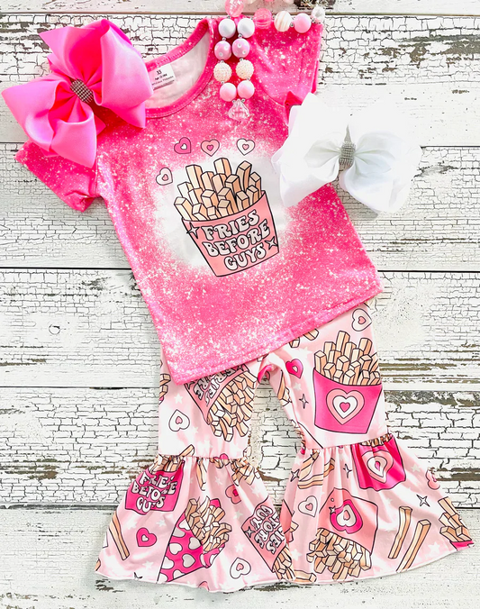 FRIES Heart Short Sleeve Top Bell Pants Girls Valentine's Day Outfits E12-18