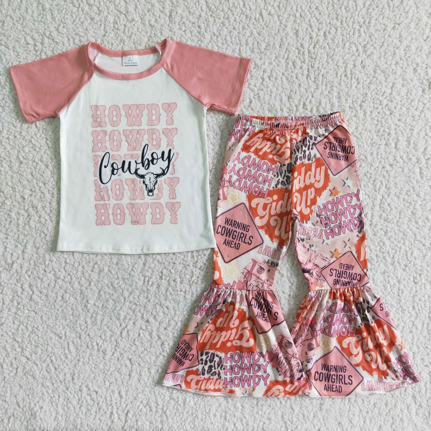 (Promotion)Cowboy howdy print short sleeve bell bottom pants western outfits E13-18