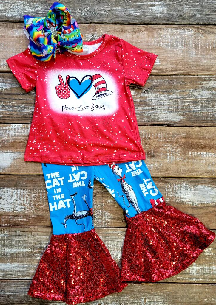 Dr Reading Print Sequin Bell Pants Girls Outfits E13-27