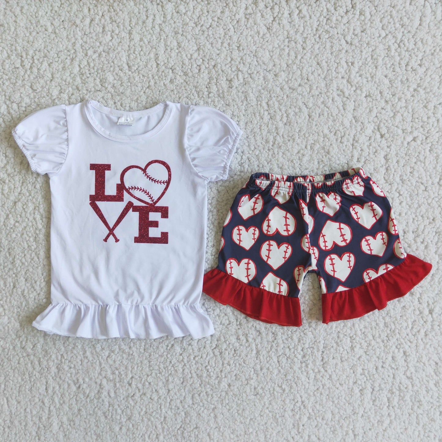 (Promotion)LOVE Top Baseball Ruffles Shorts Girls Summer Outfits E3-1