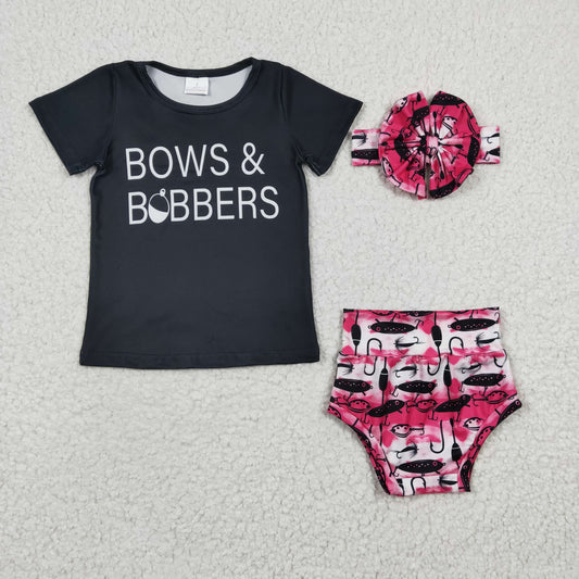 (Promotion)Baby girls fishing print bummie summer 3 pieces outfits GBO0072