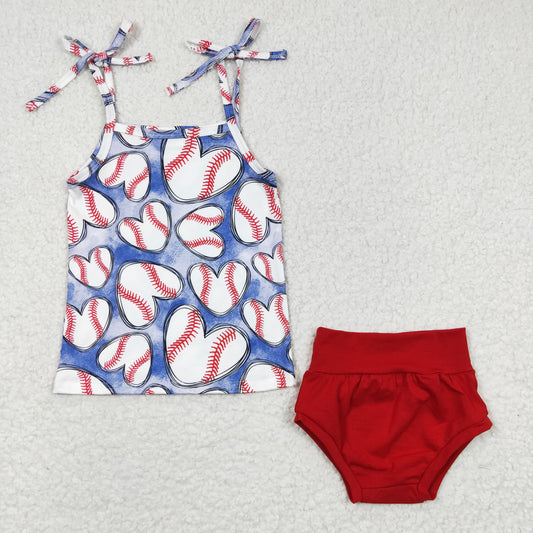 (Promotion)Baby girls baseball heart print summer bummie sets GBO0104