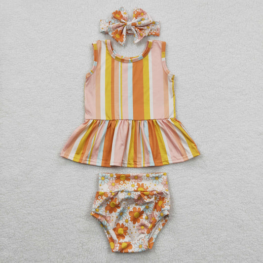 Baby girls stripes top orange floral print bummie sets GBO0105
