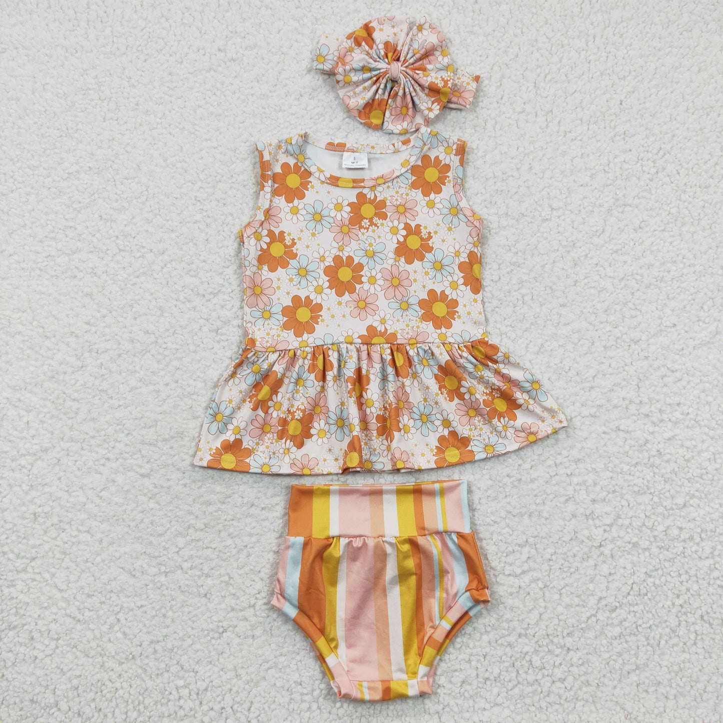 Baby girls orange floral top stripes print bummie sets GBO0106