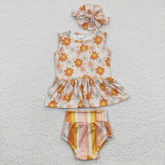 Baby girls orange floral top stripes print bummie sets GBO0106