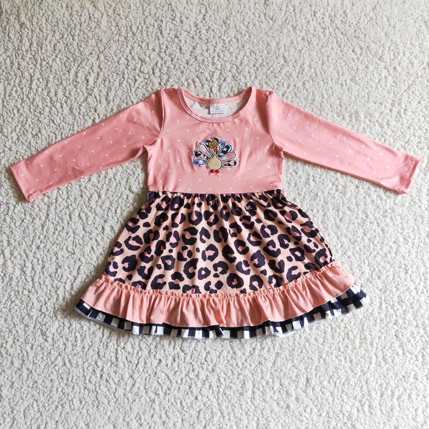 Girls pink turkey embroidery Thanksgiving dress GLD0095
