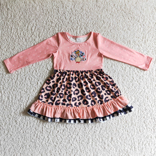 Girls pink turkey embroidery Thanksgiving dress      GLD0095