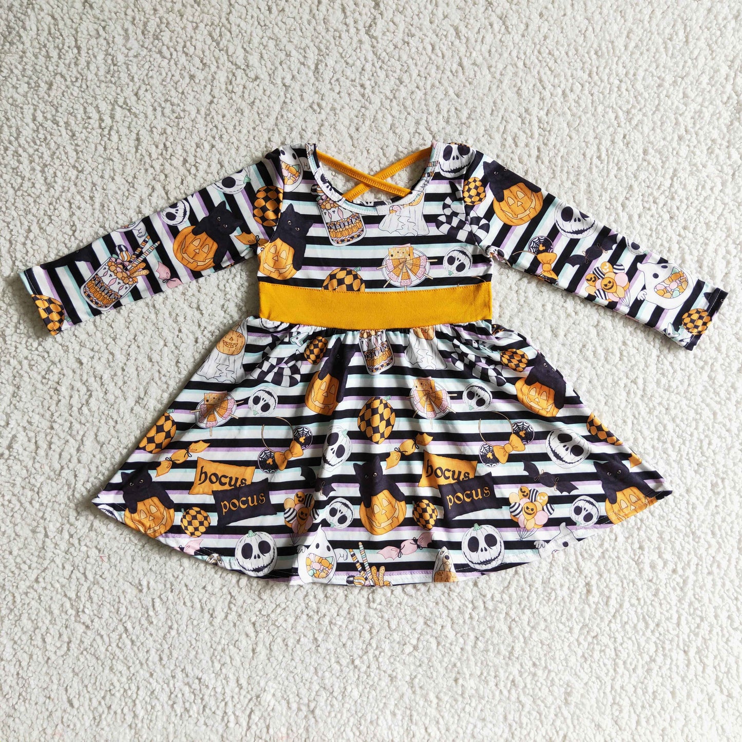 (Promotion)Pumpkin Spooky Stripes Print Girls Halloween Dress       GLD0105