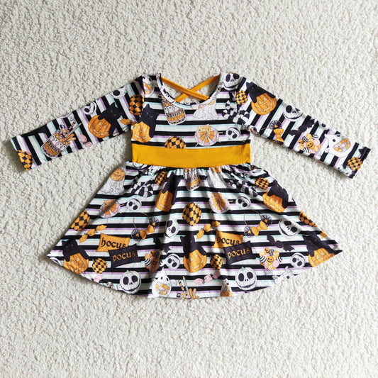 (Promotion)Pumpkin Spooky Stripes Print Girls Halloween Dress       GLD0105