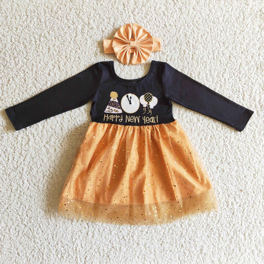 (Promotion)Girls long sleeve happy new year tulle dress  GLD0138