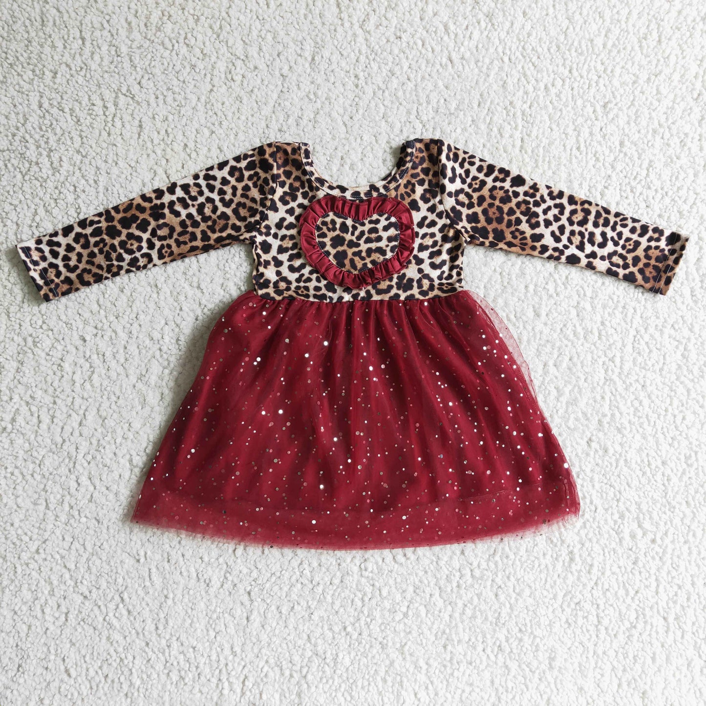 (Promotion)Girls leopard heart print long sleeve Valentine's Day tulle dress GLD0139