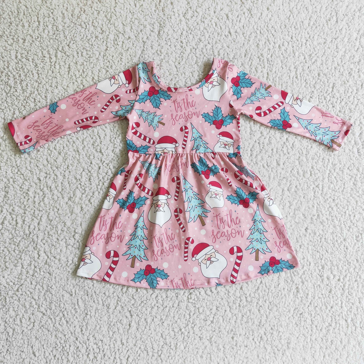 (Promotion) Santa Candy Holly Print Girls Pink Christmas Dress    GLD0149