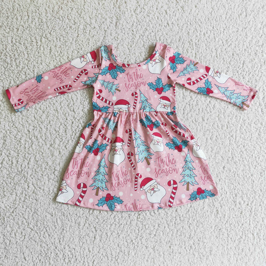(Promotion) Santa Candy Holly Print Girls Pink Christmas Dress    GLD0149
