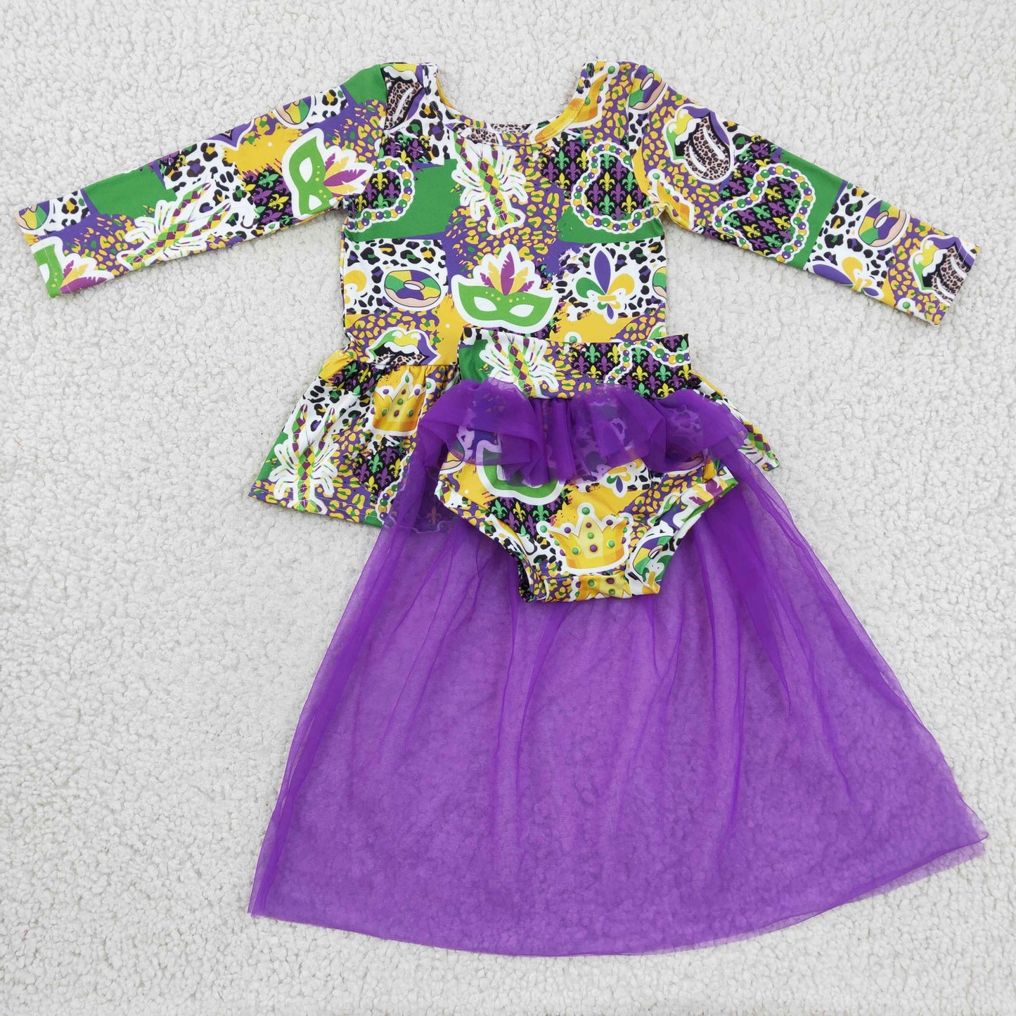 (Promotion)Long sleeve top Mardi Gras tutu bummie outfits GLD0153