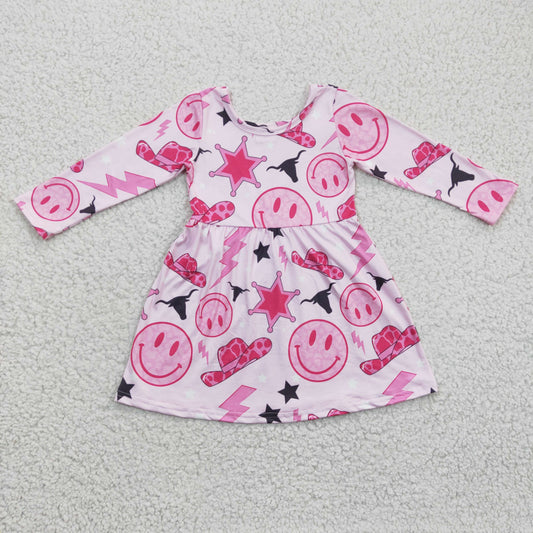 Girls long sleeve pink western print dress   GLD0170