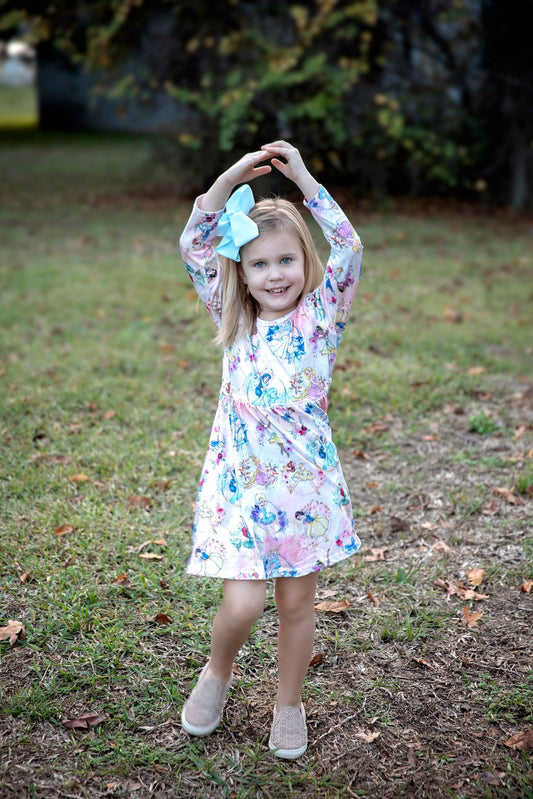 Girls long sleeve cartoon princess print dress   GLD0177