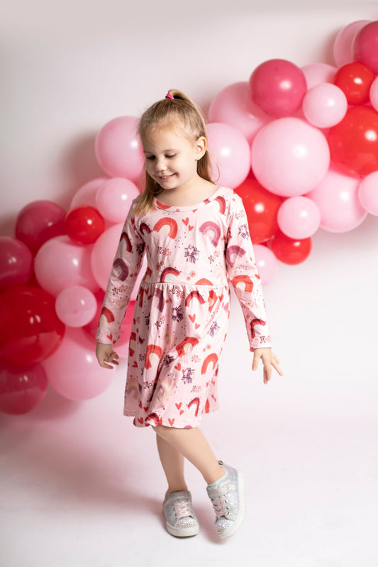 Girls long sleeve pink print Valentine's Day dress   GLD0178