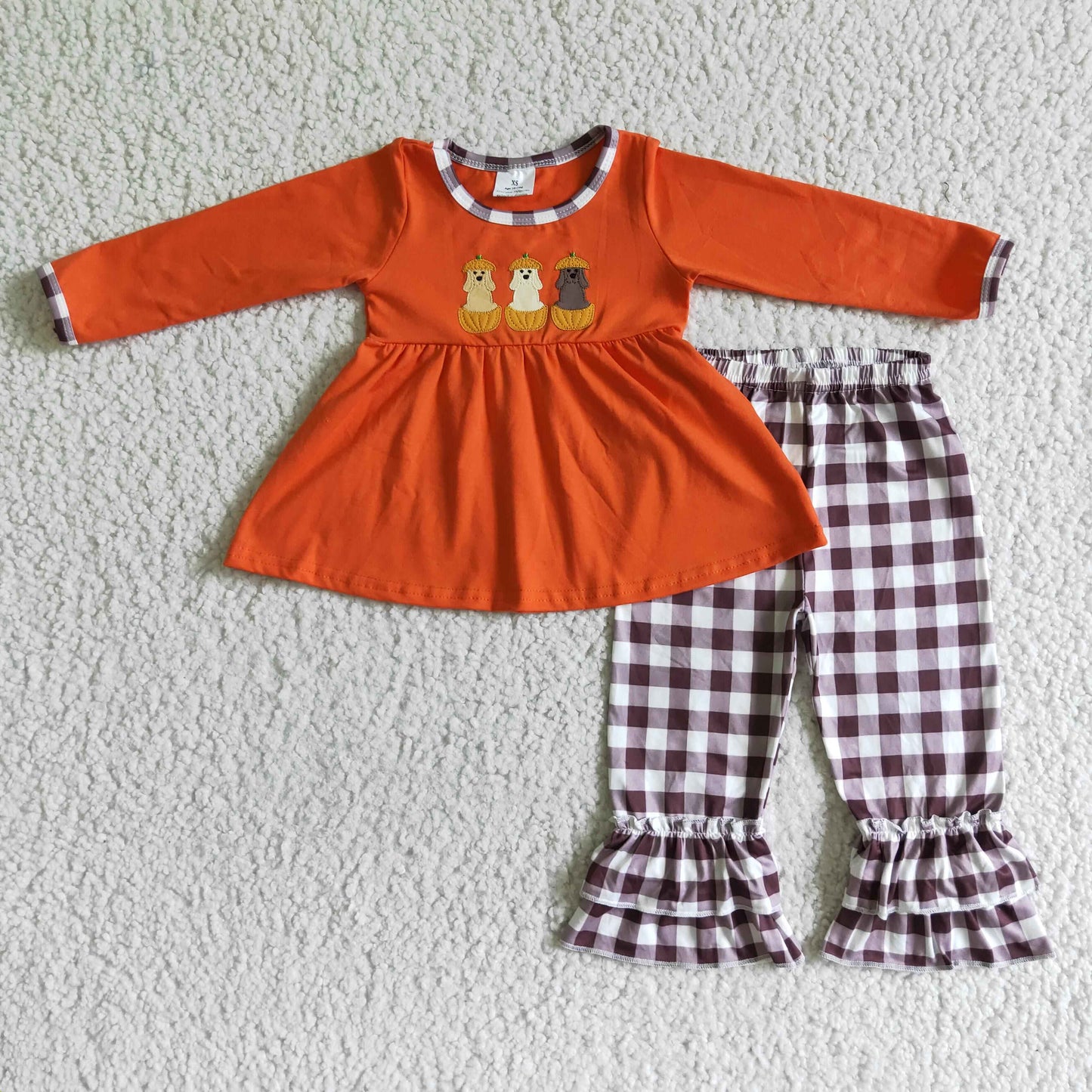 (Promotion)Dog Pumpkin Embroidery Tunic Top Plaid Pants Girls Fall Outfits   GLP0026