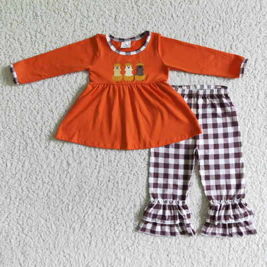 (Promotion)Dog Pumpkin Embroidery Tunic Top Plaid Pants Girls Fall Outfits   GLP0026