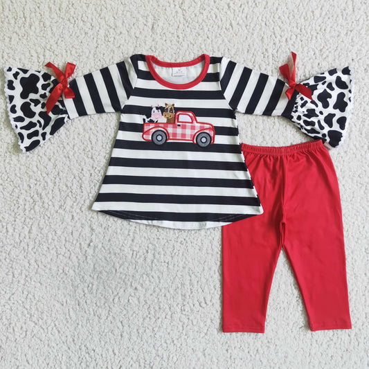 (Promotion)Farm Animals Trucks Embroidery Black Stripes Tunic Top Red Pants Girls Fall Outfits   GLP0031