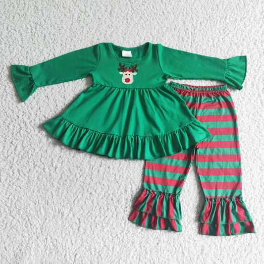 Girls deer embroidery Christmas outfits    GLP0046