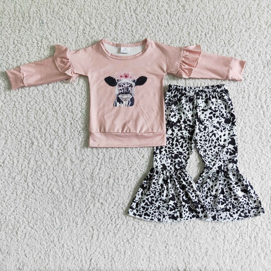 (Promotion)Girls cow long sleeve pink top bell bottom pants outfit    GLP0054