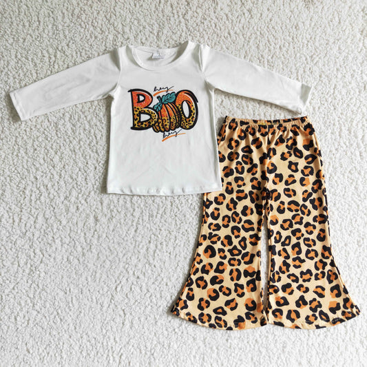 (Promotion)BOO Pumpkin Top Leopard Bell Pants Girls Fall Outfits   GLP0060