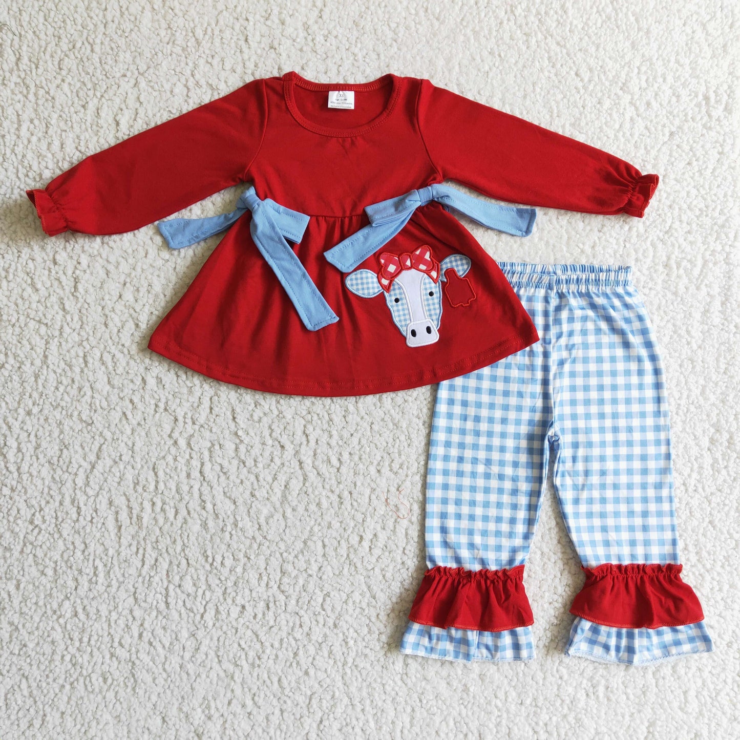 (Promotion)Heifer Embroidery Red Tunic Top Plaid Pants Girls Fall Outfits   GLP0068