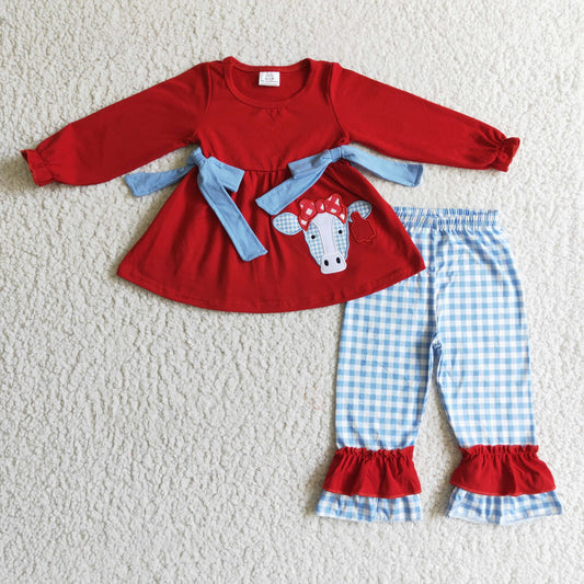 (Promotion)Heifer Embroidery Red Tunic Top Plaid Pants Girls Fall Outfits   GLP0068
