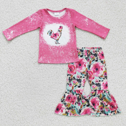 (Promotion)Girls long sleeve flowers chicken print bell bottom pants outfits          GLP0110