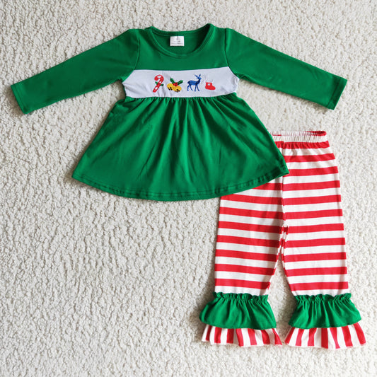 (Promotion)Candy Cane Holly Embroidery Green Hoodie Top Stripes Pants Girls Christmas Outfits     GLP0166