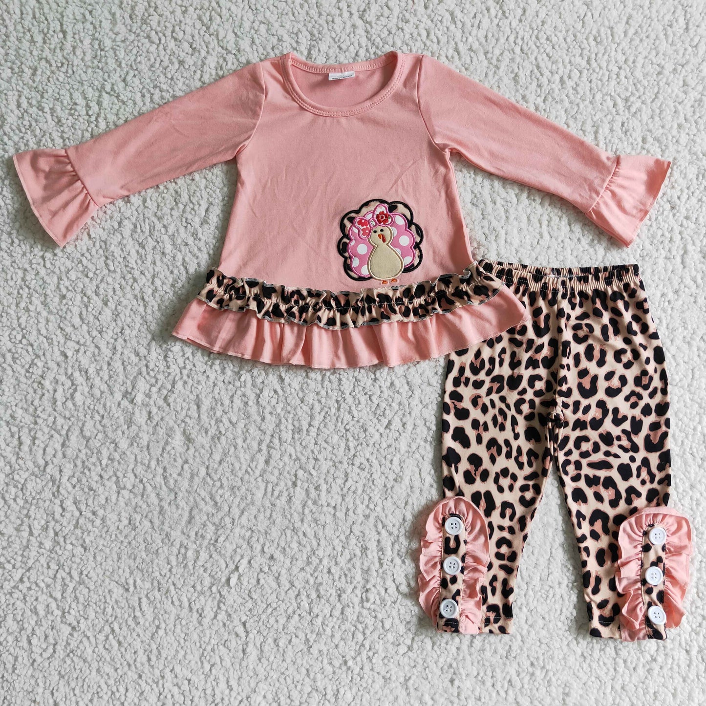 Girls Thanksgiving pink turkey embroidery outfits GLP0172