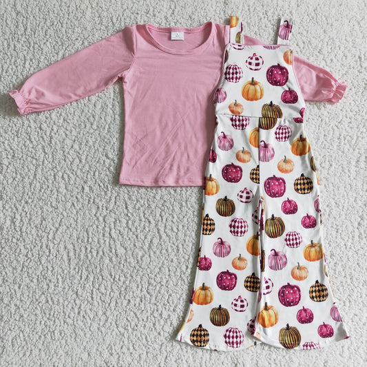 Girls pink top fall pumpkin overall outfits    GLP0188