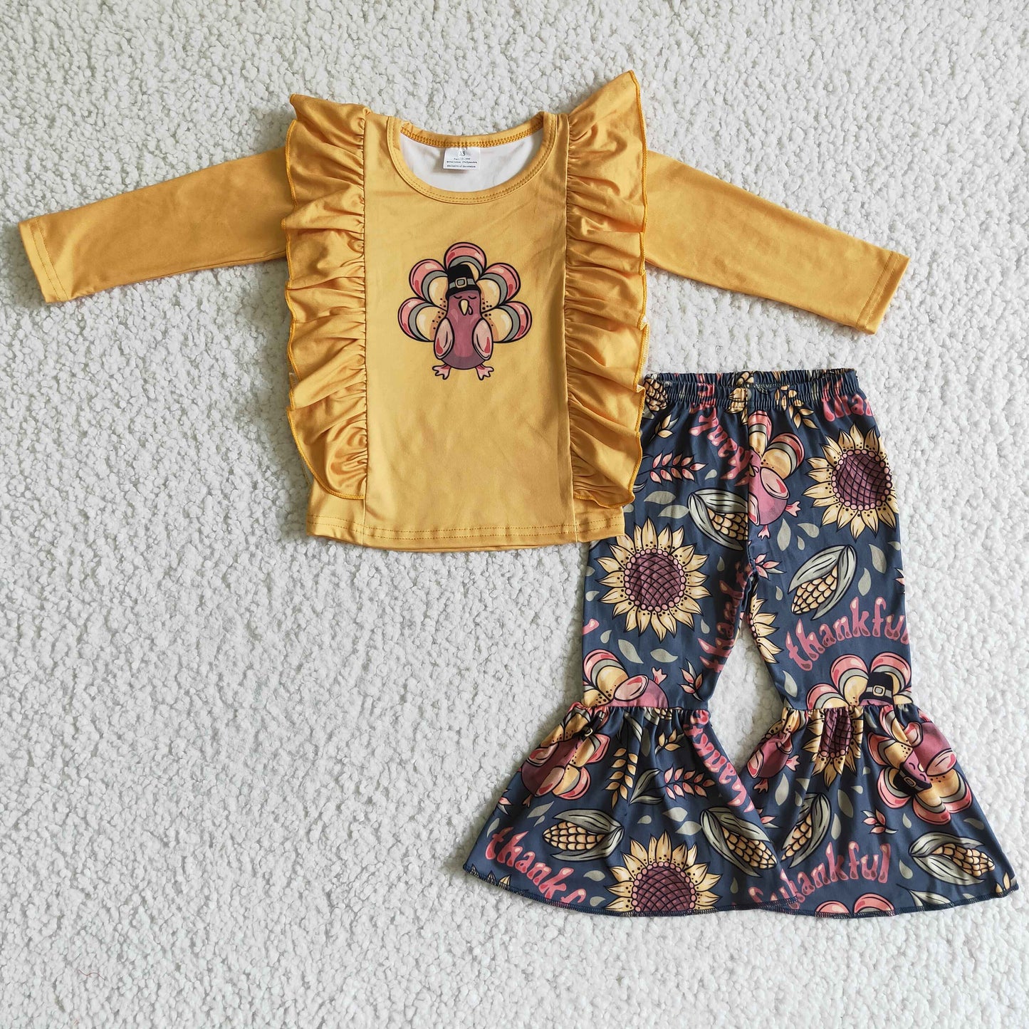 (Promotion)Turkey Ruffle Top Sunflowers Bell Pants Girls Thanksgiving Outfits       GLP0201