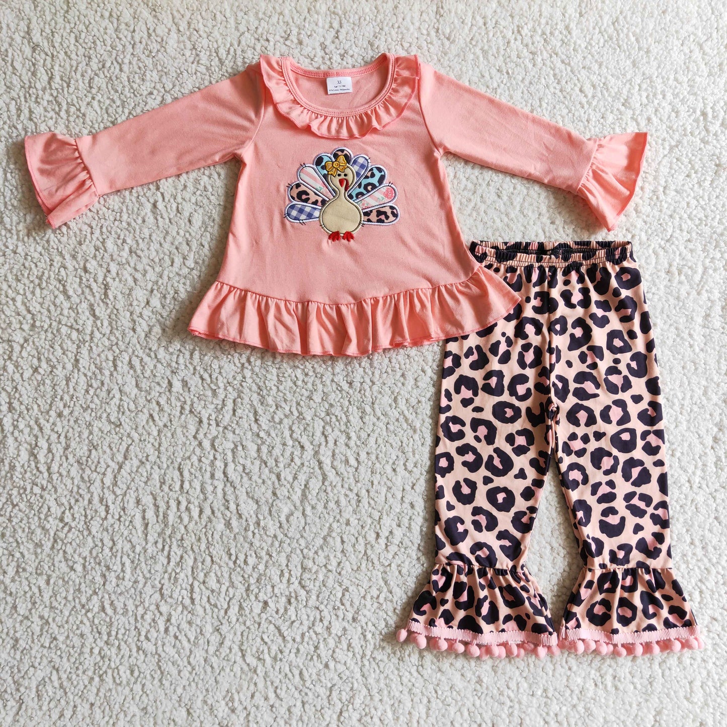 Girls pink turkey embroidery leopard print Thanksgiving Outfits GLP0203