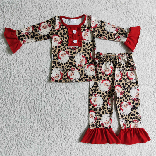 (Promotion)Leopard Santa Print Girls Christmas Pajama Outfits  GLP0218
