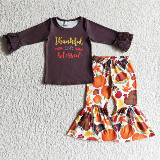 (Promotion) Thankful Top Pumpkin Bell Pants Girls Thanksgiving Outfits  GLP0230