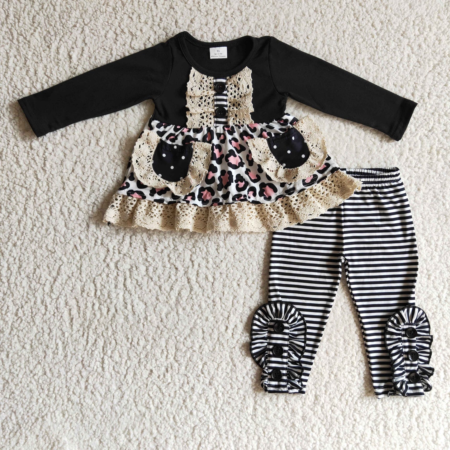 Girls long sleeve fall pockets cotton lace outfits GLP0232