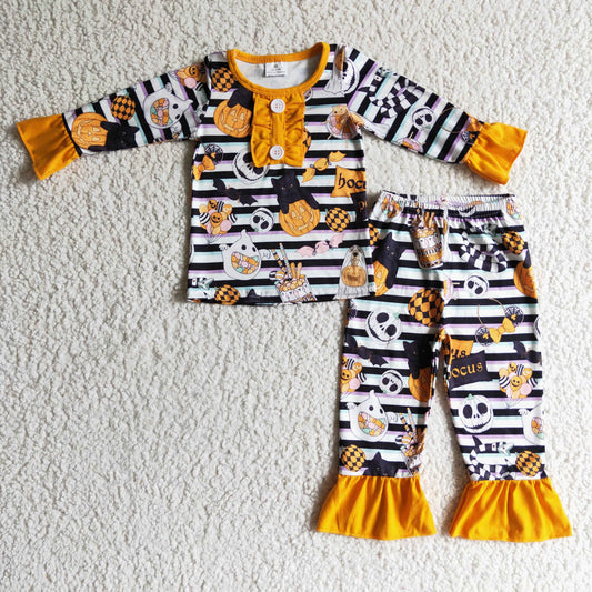 (Promotion)Pumpkin Spooky Stripes Print Girls Halloween Pajamas Outfits    GLP0238