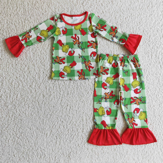 (Promotion)Green Frog Plaid Print Girls Christmas Pajamas Outfits     GLP0295
