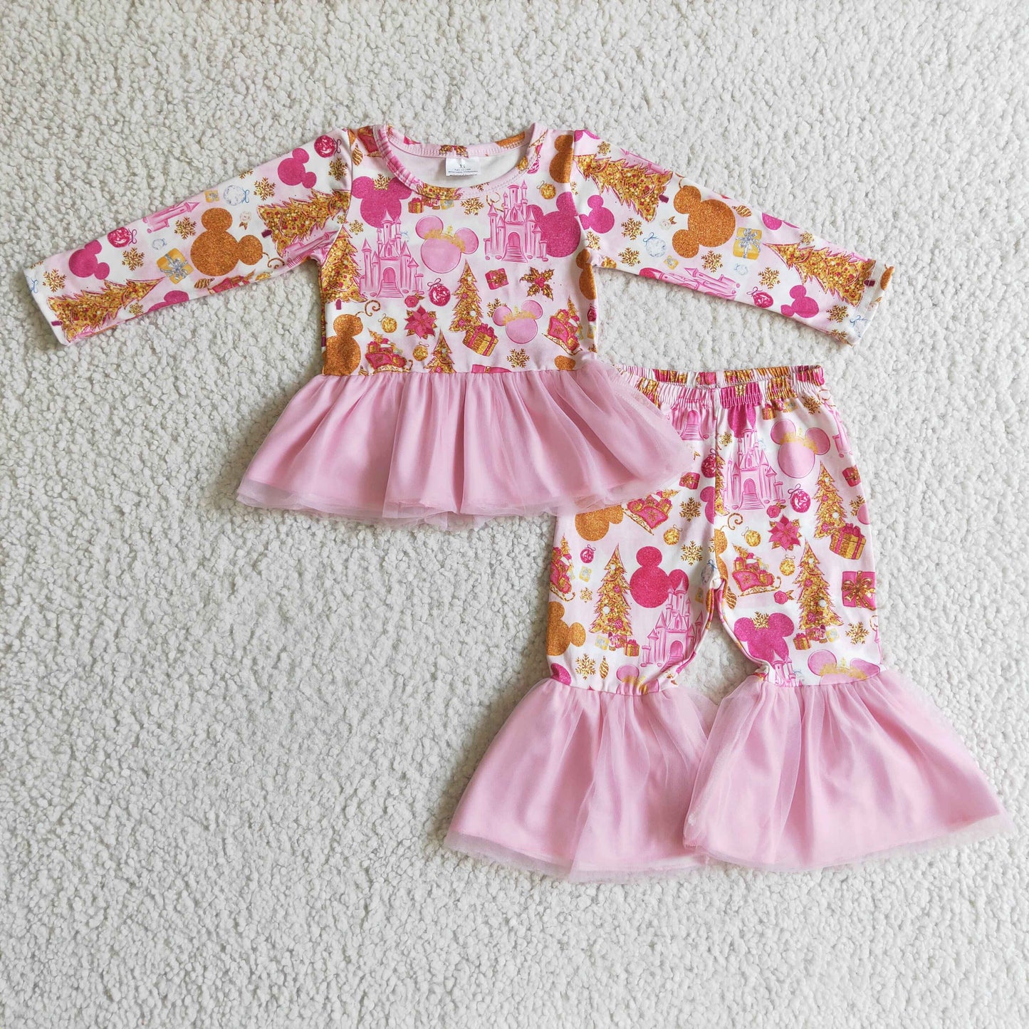 Girls Christmas hot pink mouse print tulle ruffles outifts GLP0300