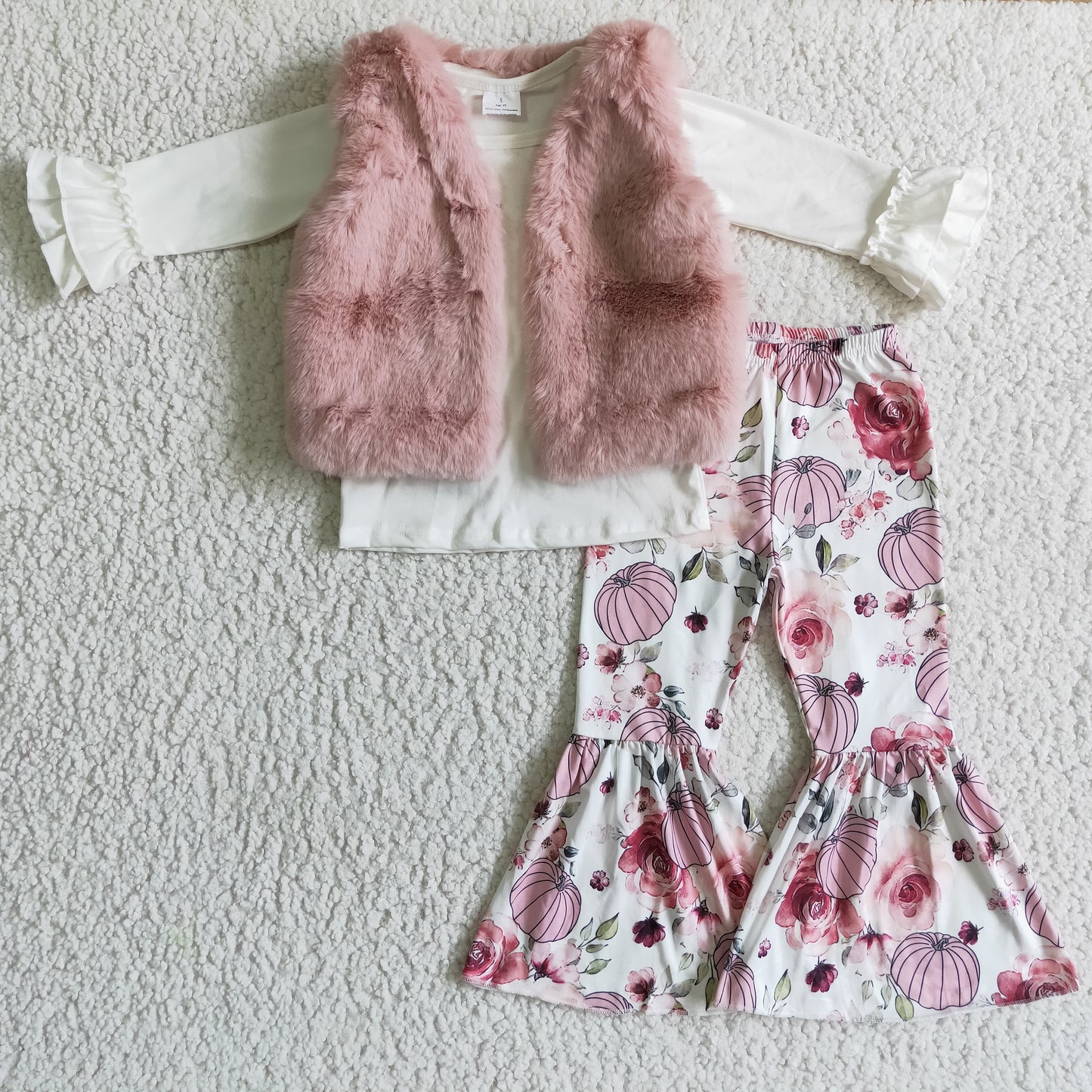 Girls pink faux fur vest and punpkin 3 PCS outfits GLP0309